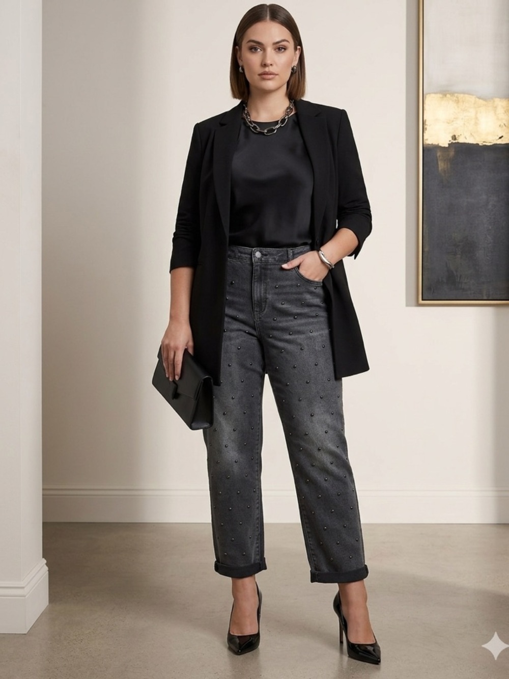 Skinnygirl High-Rise Straight Ankle Studded Dark Blue Jeans